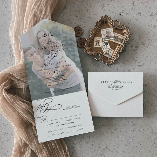 Romantic Calligraphy Monogram Photo Wedding All In One Invitation (Creator Uploaded)