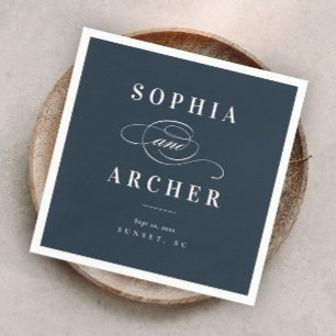 Romantic Calligraphy Navy Blue Elegant Wedding Napkin