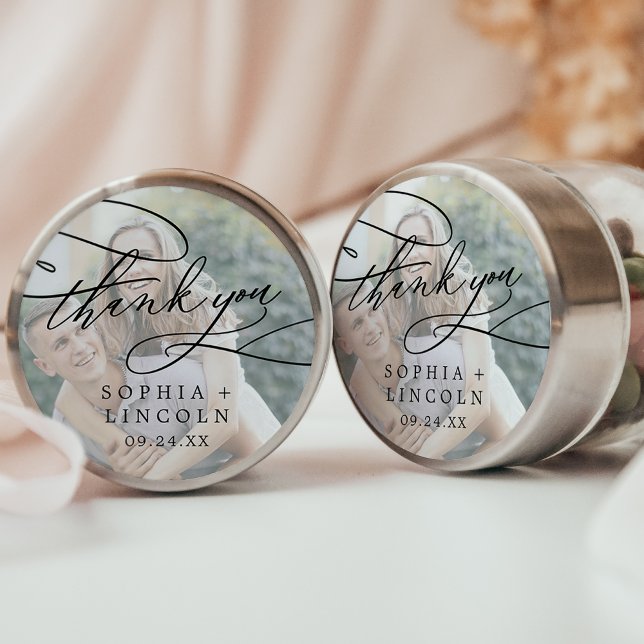 Romantic Calligraphy Photo Thank You Favour Sticke Classic Round Sticker (Creator Uploaded)