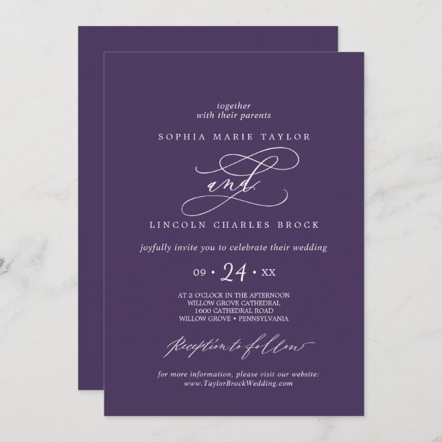 Romantic Calligraphy Plum Purple Flourish Wedding Invitation (Front/Back)