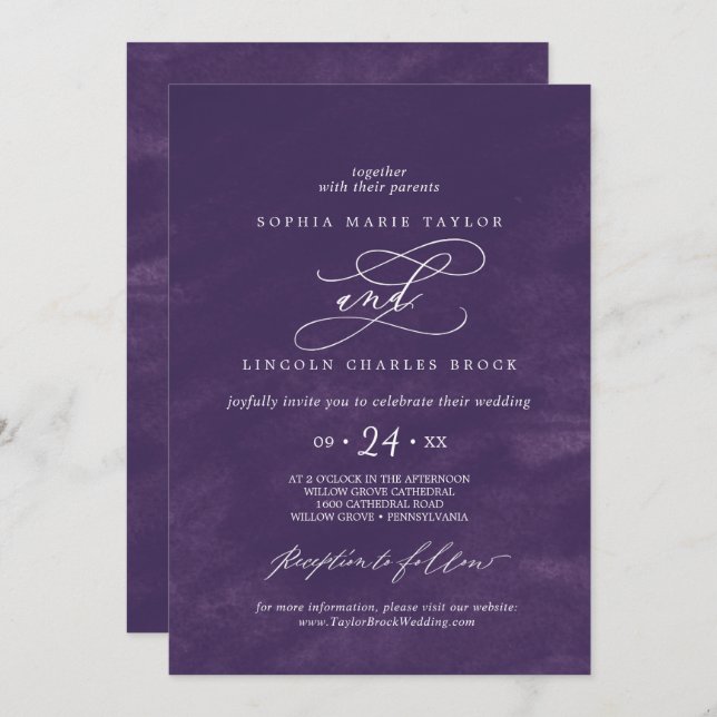 Romantic Calligraphy | Purple Watercolor Wedding Invitation (Front/Back)
