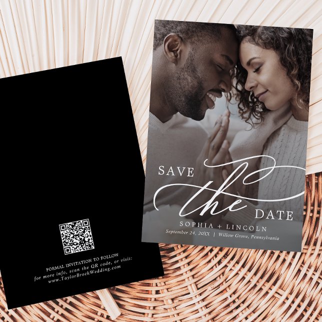 Romantic Calligraphy QR Code Dark Photo Save The Date (Creator Uploaded)