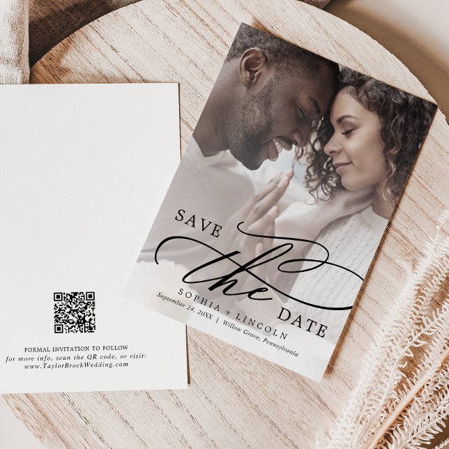 Romantic Calligraphy QR Code Photo Overlay Save Th Save The Date (Creator Uploaded)