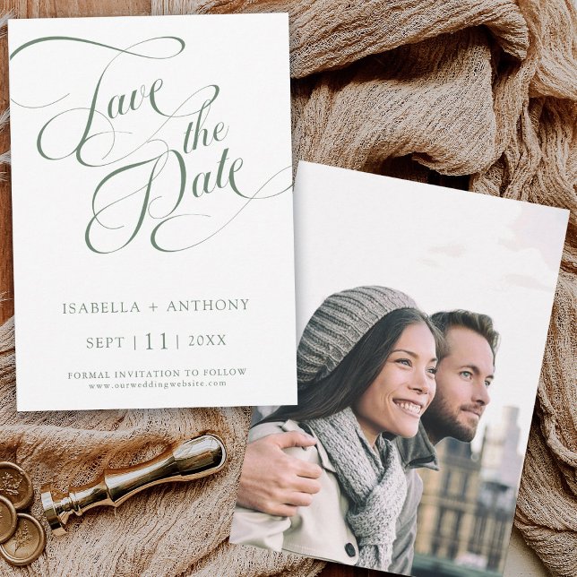 Romantic Calligraphy Sage Green Wedding Photo Save The Date (Front & Back)