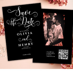 Romantic Calligraphy Script Black Photo QR Code  Save The Date