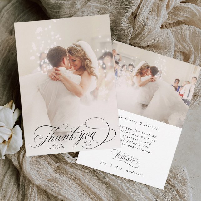 Romantic Calligraphy Wedding 2 Photo Thank You Card (Front & Back)