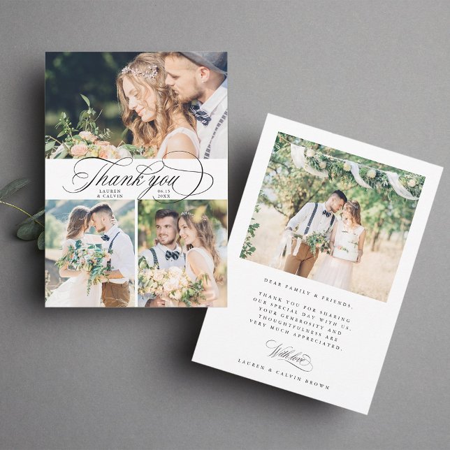 Romantic Calligraphy Wedding 4 Photo Thank You Card (Front & Back)