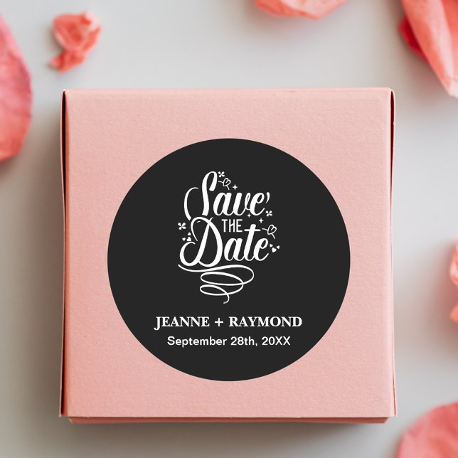 Romantic Calligraphy Wedding Black Save the Date Classic Round Sticker (Calligraphy save the date sticker creates a timeless touch for wedding mail.)