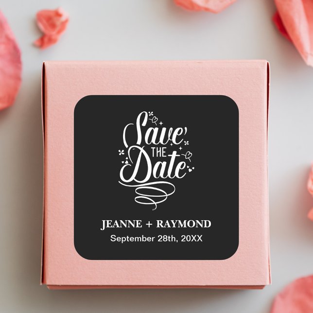 Romantic Calligraphy Wedding Black Save the Date Square Sticker (Save the date square sticker brings refined beauty to invitation envelopes.)