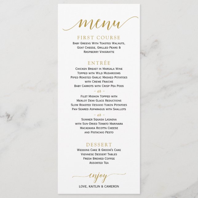 Romantic Calligraphy Wedding Menu | 4 x 9 | Gold (Front)