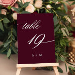 Romantic Calligraphy Wedding Number 19, Burgundy  Table Number<br><div class="desc">Table 19. Please check all available numbers. | Romantic and elegant swirly calligraphy wedding table number with monograms.  For more advanced customisation of this design,  please click the BLUE DESIGN TOOL BUTTON above!</div>