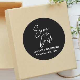 Romantic Calligraphy Wedding Save the Date Black Classic Round Sticker