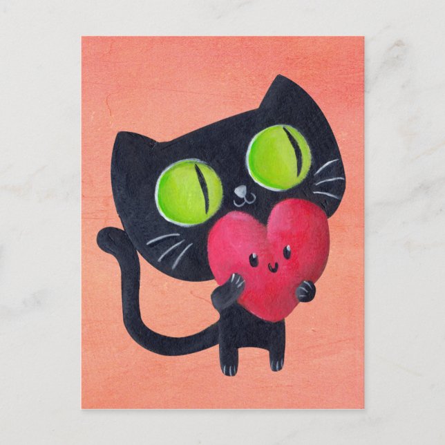 Romantic Cat hugging Red Cute Heart Postcard (Front)