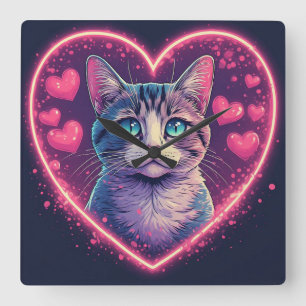 Romantic Cat Lover Gift   Aesthetic Neon Animal Square Wall Clock