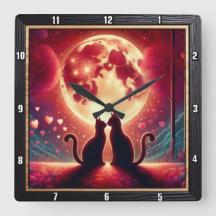Romantic Cat Silhouette Full Moon Square Wall Clock