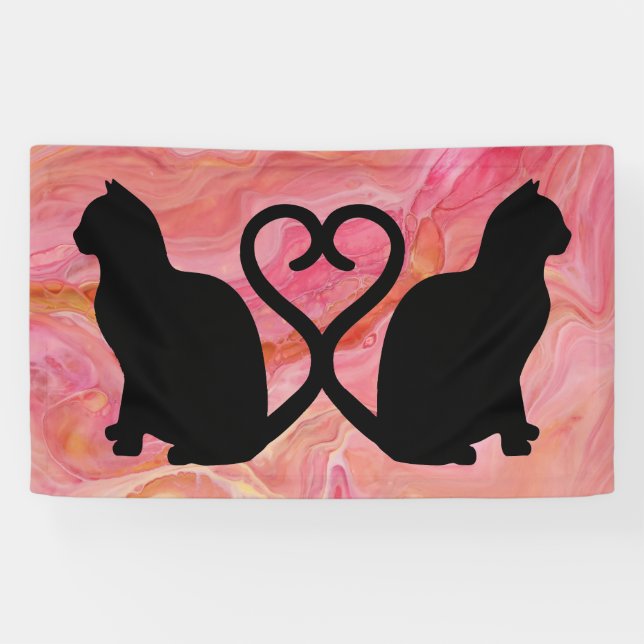 Romantic Cat Silhouette Heart on Pink Marbling Banner (Horizontal)