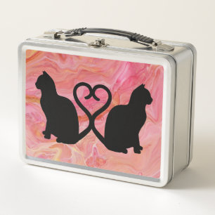 Romantic Cat Silhouette Heart with Pink Marble Metal Lunch Box