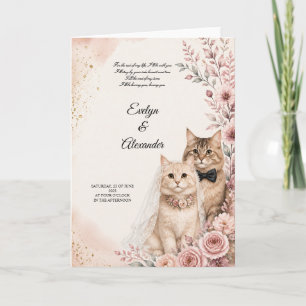 Romantic Cat Wedding Pink Roses Watercolor Wedding Card