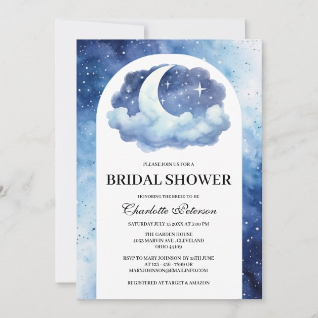 Romantic Celestial Moon Star Clouds Bridal Shower  Invitation (Front)