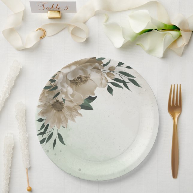 romantic champagne flowers greenery wedding paper plate (Wedding)