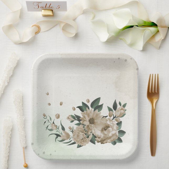 romantic champagne flowers greenery wedding paper plate (Wedding)
