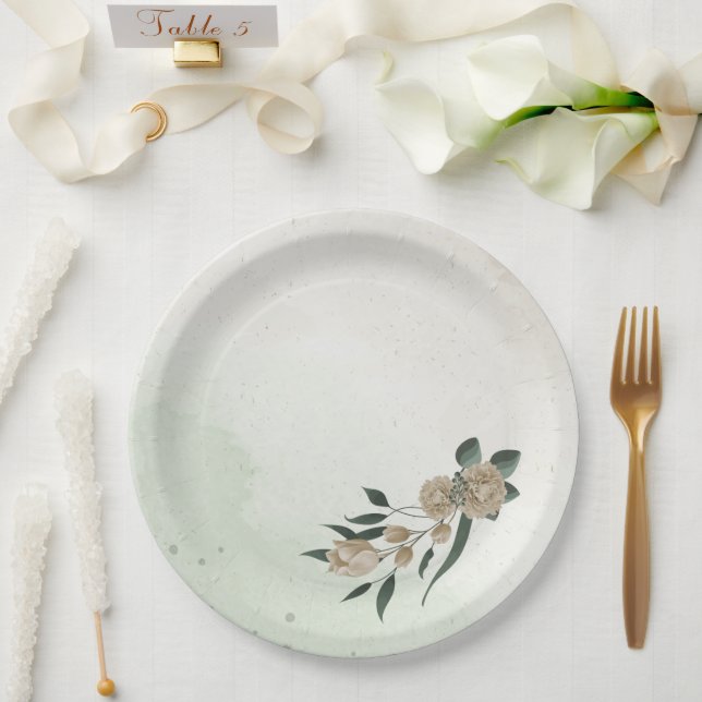 romantic champagne flowers greenery wedding paper plate (Wedding)