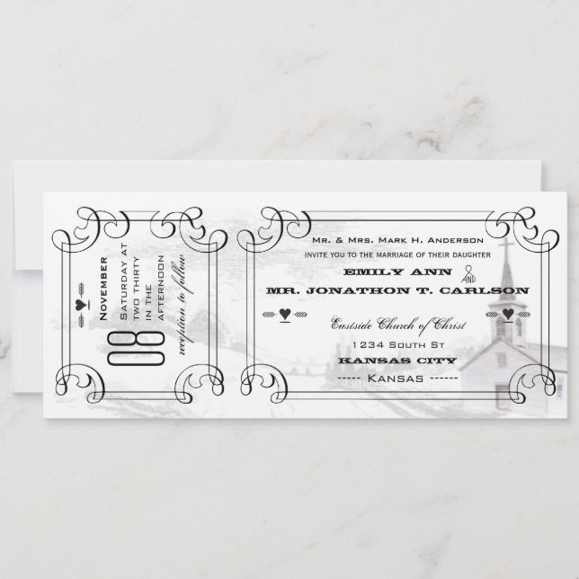 Romantic Chapel Country Road Ticket Wedding Invitation (Front)