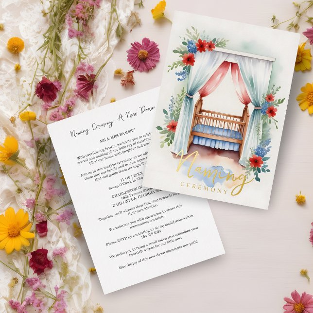 Romantic  Cheerful Crib Naming Ceremony Gold  (Romantic Floral Cheerful Crib Naming Ceremony Gold Metallic Foil Invitation Card.)