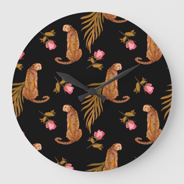 Romantic cheetahs: watercolor seamless pattern. large clock (Front)