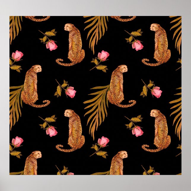 Romantic cheetahs: watercolor seamless pattern. poster (Front)
