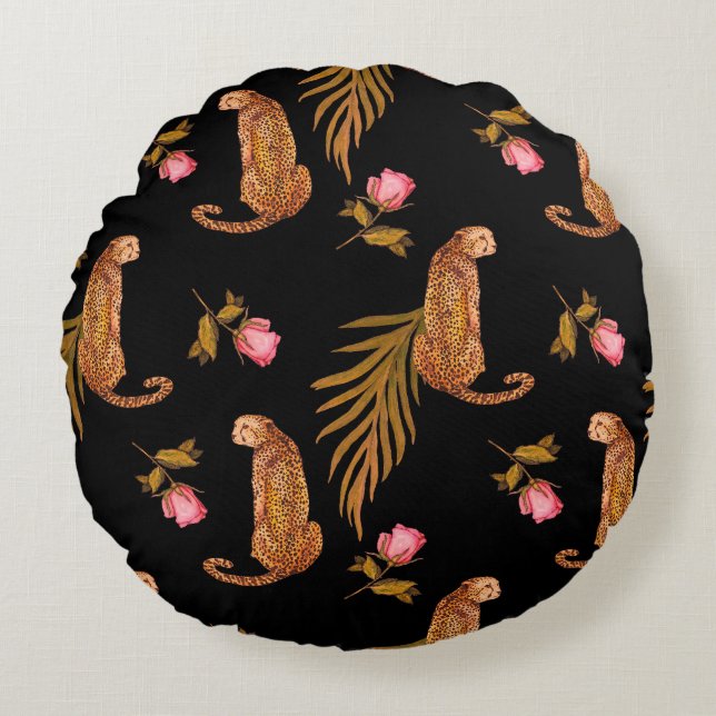 Romantic cheetahs: watercolor seamless pattern. round cushion (Front)