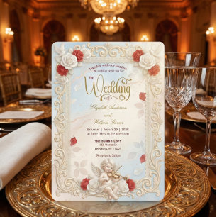 Romantic Cherub Violin & Doves Fairytale Wedding   Invitation
