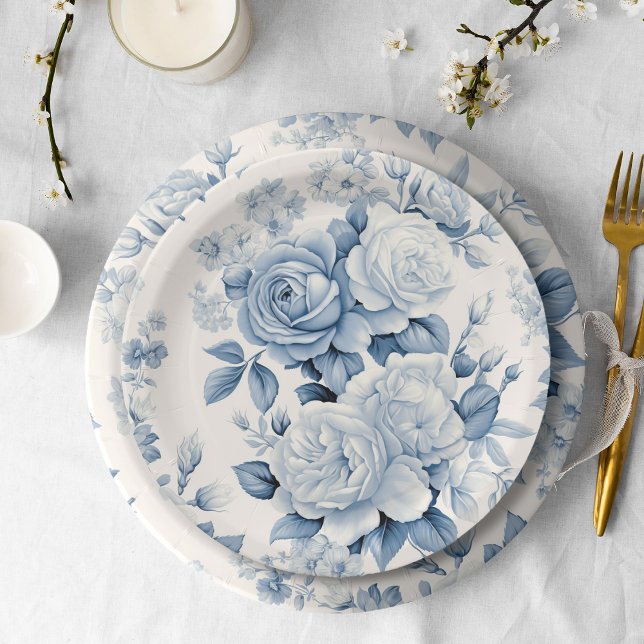 Romantic Chic Antique Dusty Blue Roses Paper Plate (Creator Uploaded)