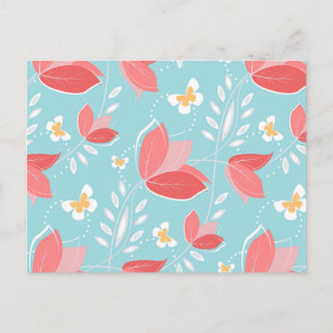 Romantic Chic Coral Retro Floral Pattern Turquoise Postcard