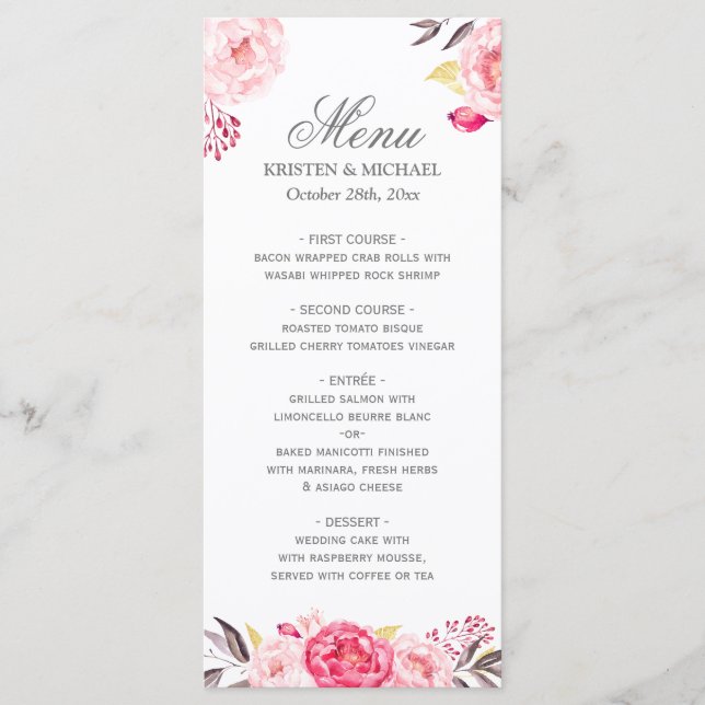 Romantic Chic Floral Wedding Menu Template (Front)