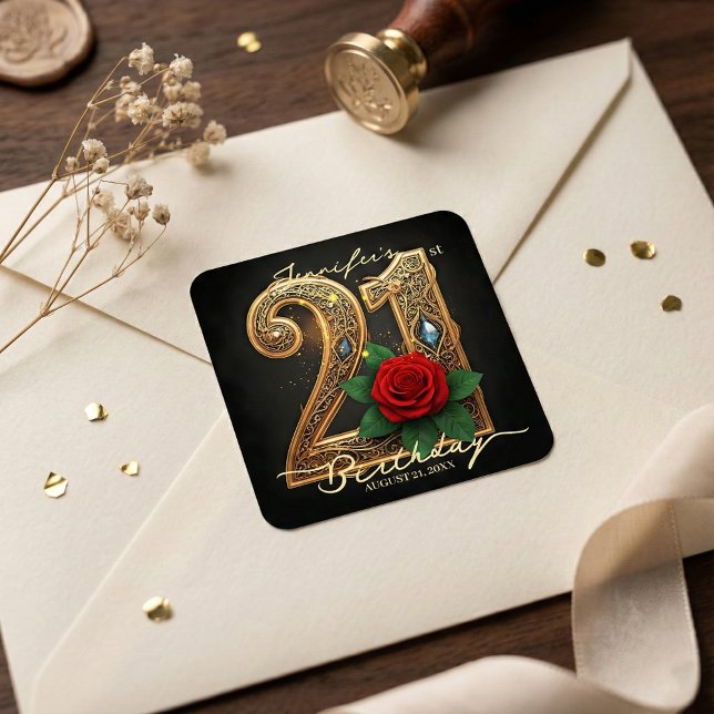 Romantic Chic Gold Filigree Red Rose 21st Birthday Square Sticker (Creator Uploaded)
