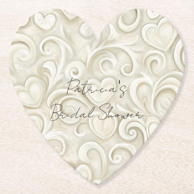 Romantic Chic Heart Swirls Bridal Shower Paper Coaster (Front)