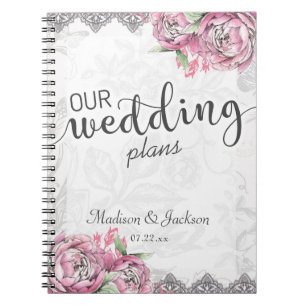 Romantic Chic Peony Floral & Lace Wedding Planner Spiral Notebook
