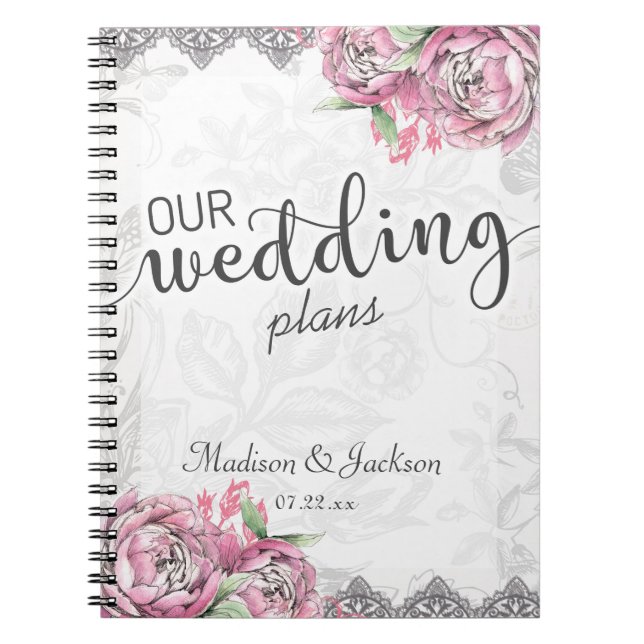 Romantic Chic Peony Floral & Lace Wedding Planner Spiral Notebook (Front)