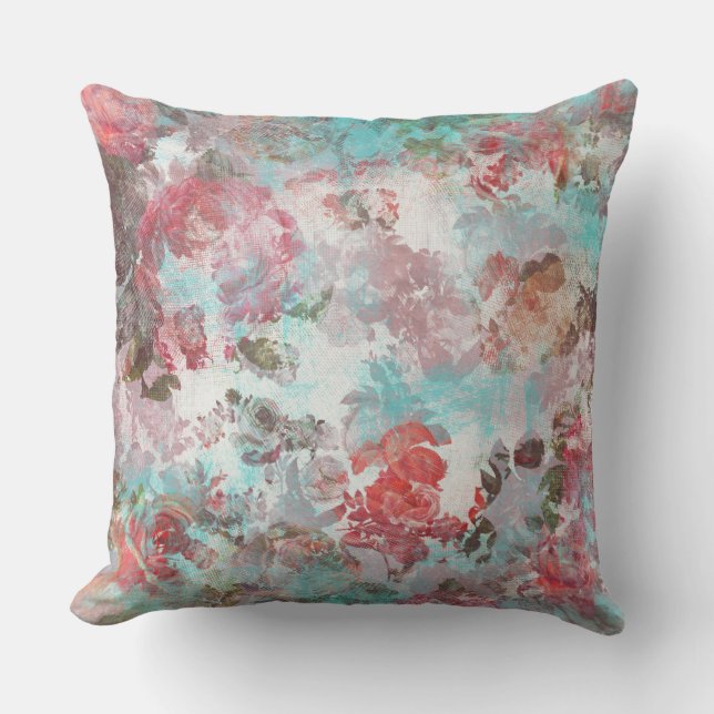 Romantic Chic Pink Floral Teal Watercolor Pattern Cushion (Front)