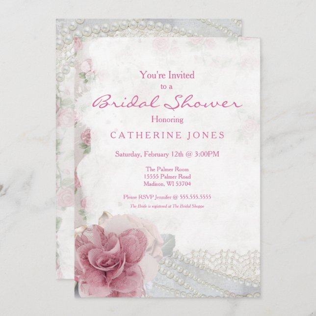 Romantic Chic Pink Rose Bridal Shower Invitation (Front/Back)