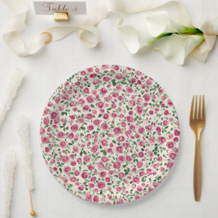 Romantic Chic Pink Roses Floral Bridal Shower Paper Plate