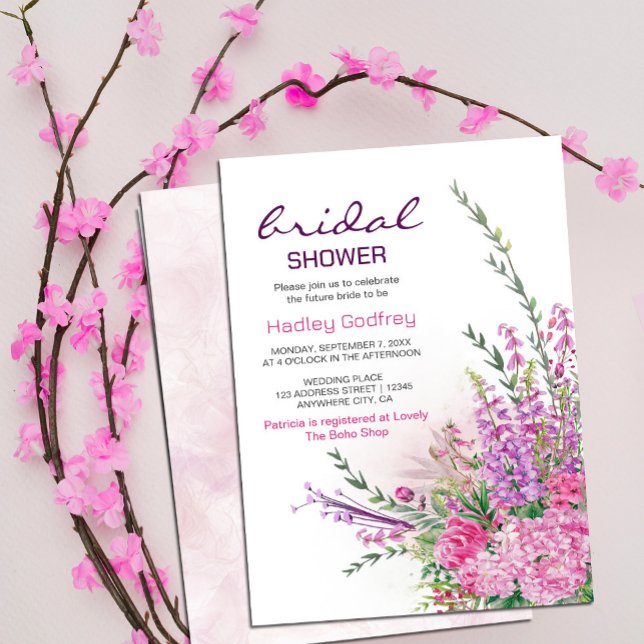 Romantic Chic Wildflower Summer Invitation (watercolor flowers in shades of purple and pink in rustic garden greenery, #bridalshower #pinkpurple)