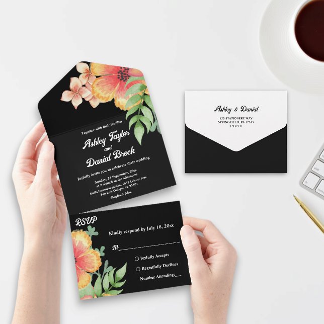 Romantic Chic Wildflowers Black Floral Wedding All In One Invitation (Creator Uploaded)