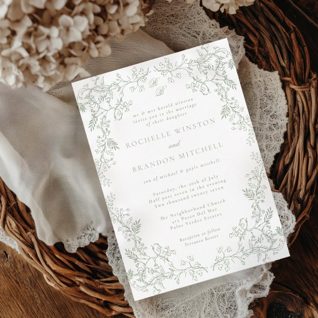 Romantic Chinoiserie Antique Sage Green Wedding Invitation (Creator Uploaded)