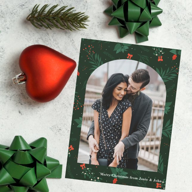 Romantic Christmas Arch Photo Green Mistletoe Holiday Card (Creator Uploaded)
