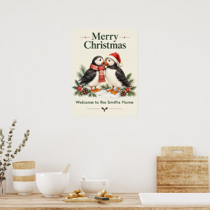 Romantic Christmas custom Puffins Couple Festive Poster