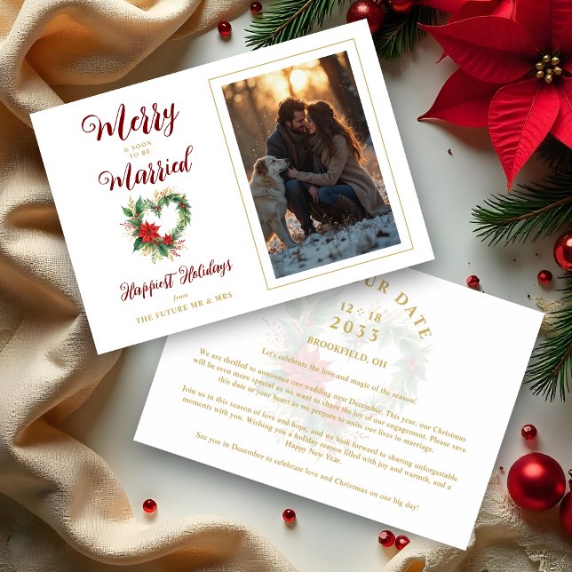 Romantic Christmas Heart-Shape Wreath Wedding Save The Date (Romantic Christmas Heart-Shape Wreath Wedding Photo Save the Date Cards as Holiday Cards. )