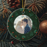 Romantic Christmas Mistletoe Custom Couple Photo Ceramic Tree Decoration<br><div class="desc">This romantic Christmas ornament features your personalised holiday photo with a festive mistletoe and red bow hanging over your custom kissing couple photograph. Add your own newlywed or engagement picture in the centre of this beautiful green botanical holiday pattern. Customise this commemorative keepsake on the back in red and green...</div>