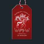 Romantic Christmas Reindeer Joy - Red White Damask Gift Tags<br><div class="desc">Personalised Christmas Holiday gift tags -- Elegant stag and doe reindeer couple in joyful winter play, their beautiful antlers magically decorated with fancy swirls and dangle ornaments. Modern folk-art drawing on red damask background with a bower of white pine branches beneath their prancing hooves and casual handwritten chalk-style lettering. Customise...</div>